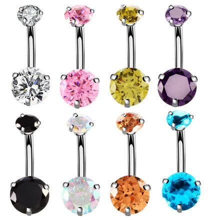 Fashion Double Gem Round Zircon Belly Ring Wholesale Stainless Steel Body Piercing Jewelry Navel Rings for Women