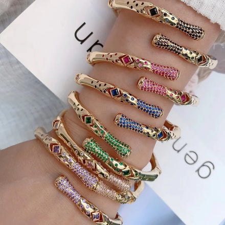 Trendy Colourful Diamond Crystal Zircon Charm BangleFlexible Metal Bone Brass Gold Plated Bracelet Wholesale Supplies