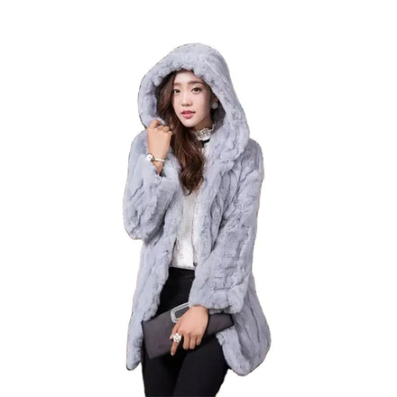 MWFur Rex Rabbit Fur Long Style Women Coat With Hat Winter Warm Fashion Rabbit Hair Clothing for Women