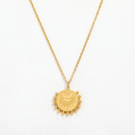 Fenny 18K Gold Plated Permanent Sunflower Sun Moon Star Beads Pave Pendant Necklace Stainless Steel Jewelry Wholesale