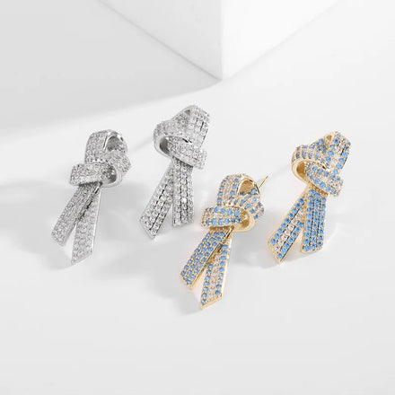 Fashionable and Stylish Micro Inlaid Zircon Earrings with Bow Design Sparkling and High-end Earrings