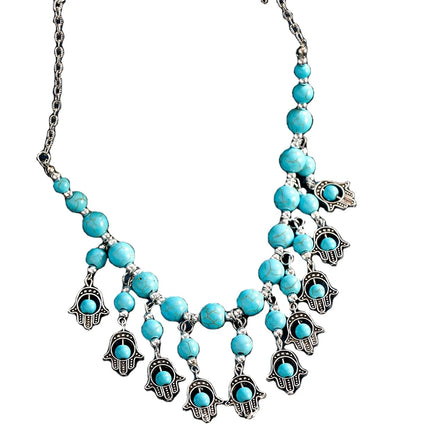 Hands Shaped Hollow Turquoise Beaded Tassel Charm Link Statement Necklace Silver Plated Vintage Style Women's Party Gift Jewelry