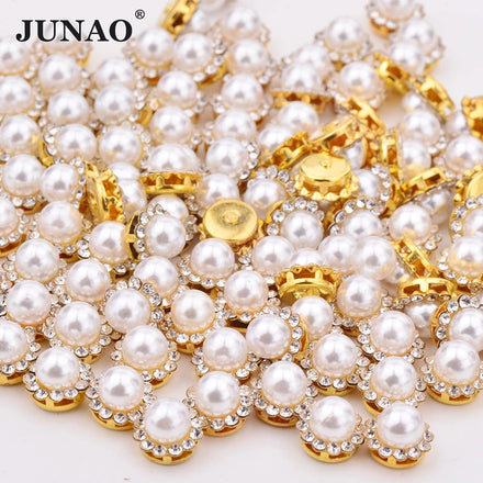 JUNAO 8mm 10mm 12mm 14mm Pearl Claw Rhinestones Crystal With Gold Setting Sewing Pearl Diamond for Decoration Brooch