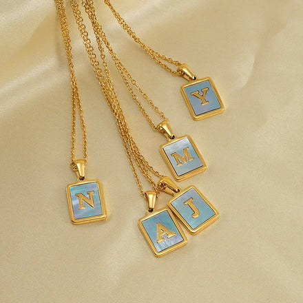 GT Trendy 18K Blue Shell Initial Necklace for Women Gold Plated 26 Alphabet Stainless Steel Cute Chain Jewelry for Gifts