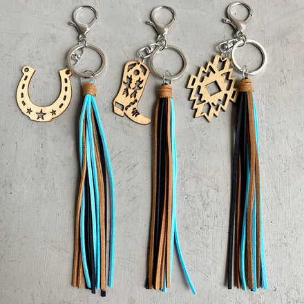 Wholesale Hot Sale Style Pendant Aztec Horseshoe Cowboy Wood Key Chain Vintage Old Leather Tassel Pendant Key Chain