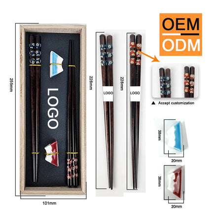 Japanese Wooden Chopsticks 2 Pairs with 2 Chopstick Rests With Sakura Pattern Set in Gift Box Safe Couple Chop Sticks Set with J