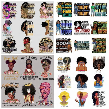 Custom Black Queen Afro Girl Offset Thermal Iron on Patches DTF Film Printing Ready to Press Heat Transfer Stickers Design