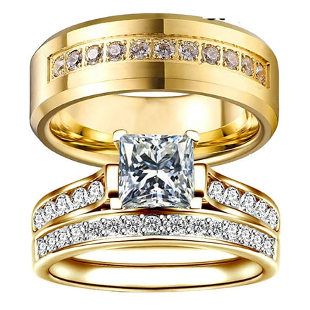 2pcs 18k Gold Plate Crystal Square Cubic Zirconia Wedding Rings Dragon Design Stainless Steel Couple Ring Set