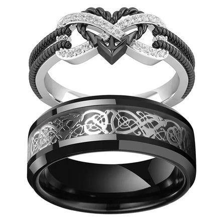 8MM Black Stainless Steel Dragon Rings Set Women Engagement Crystal Diamond Heart Ring for Couple Jewelry