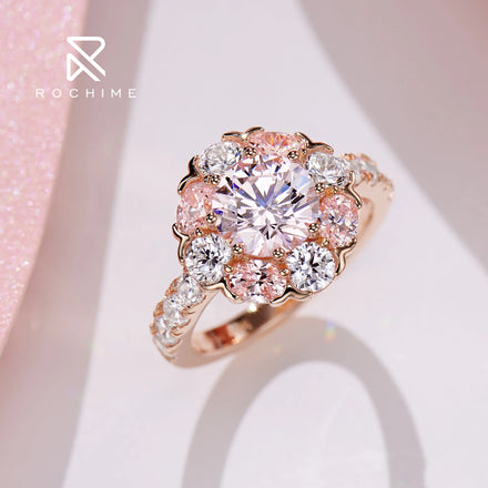 Rochime Flower halo pink Gemstone Rings 925 Sterling Silver Rose Gold Plated Trendy Jewelry for Women