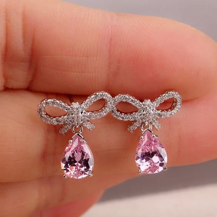 Silver Needle Delicate Zircon Pearl Earring Tiny Cute Crystal Drop Drip Bow Ear Piercing Women Girl Fashion Luxury Earrings