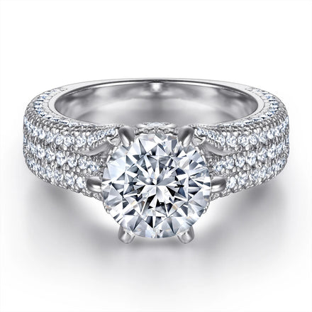 Custom Solitaire Round Zirconia 8.0mm Six Claws Setting Rhodium Plated Pure Sliver Promise Rings for Couple