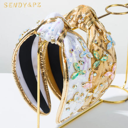Fashionable Personalized Knotting Wide Edge Rhinestone Headband Pearl Diamond Shiny Temperament Women Hair Accessories
