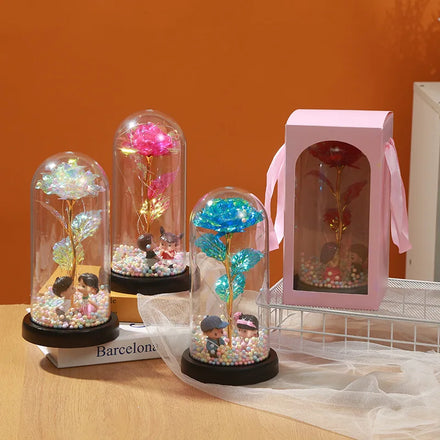 DREA Wedding Gifts LED Light 24k Gold Foil Flowers Forever Rose Galaxy Rose 24k Rose in Dome
