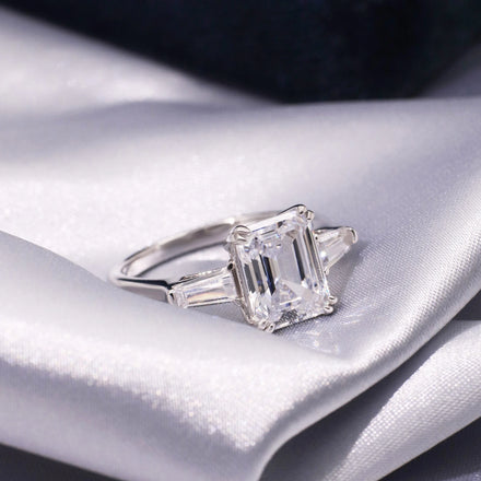 Tianyu S925 Engagement Mossanite Ring White 18K Gold Plated Moissanite Emerald Cut Women's 925 Sterling Silver Rings for Women