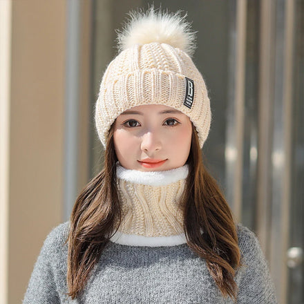 New Winter Hat and Scarf Set Knitted Hat Solid Color Plush Warm Beanie With Pom Pom