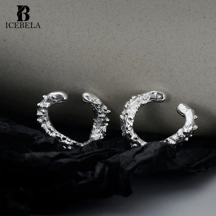 ICEBELA 925 Sterling Silver Raindrop Shaped Earrings Without Ear Hole Female Irregular Ear Clip Roughened Surface Ear Cuff