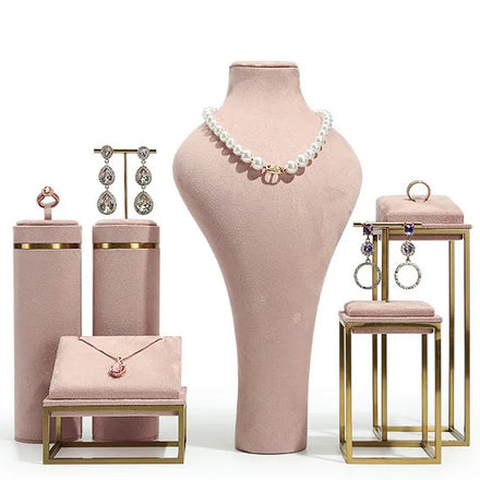 Custom DIY Bracelet Necklace Ring Earrings Metal Rack Holder Luxury Pink Blue Suede Jewelry Display Stand Set for Shop Exhibitor