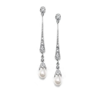Vintage Slender Dangle Earrings 925 Sterling Silver Freshwater Pearl Drop Earrings Bridal Wedding Earrings
