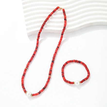 Bohemian Shell Beads Bracelet Necklace Jewelry Set Pink Grey White Imitation Pearl Women's Necklace Choker Jewelry Set