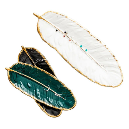 Nordic Style Gold Border Feather Ceramic Craft Dessert Plate Creative Home Decoration Jewelry Storage Pottery & Enamel Plate
