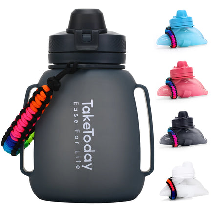 BPA Free 40oz Sport Gym Collapsible Drinking Foldable Silicone Travel Water Bottle With Straw and Time Marker