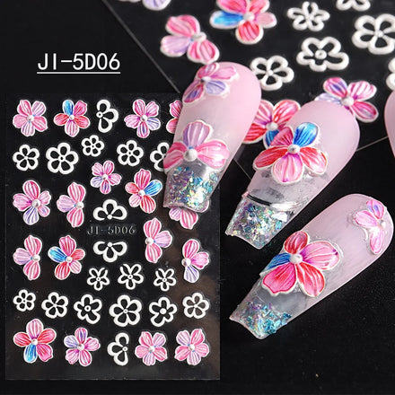 5D Pink Flower Decor Nail Stickers 7.8*6cm Acrylic Embossed Sliders Cherry Blossom Manicure JI-5D01-08