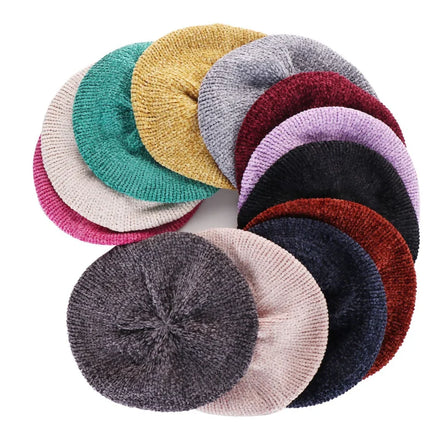 HZM-22355 Chenille Yarn Polyester Yarn Beret Women's Knit Hat Fancy Knitted Beret