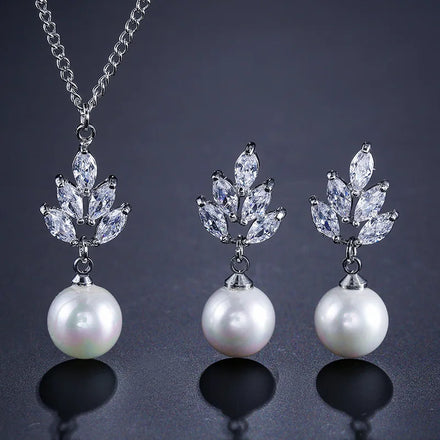 Wholesale Jewellery Cubic Zircon Imitation Pearl Jewelry Set 18K Gold Plated Peal Pendant Necklace Earrings Set