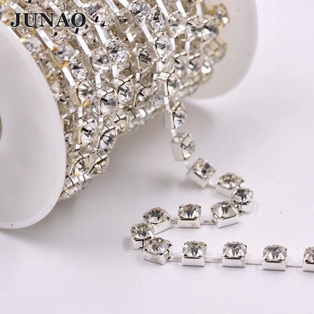 JUNAO SS20 SS24 SS28 SS38 Glass Rhinestones Chain 10 Yards Clear Crystal Stones Trim Rhinestones Cup Chain for DIY