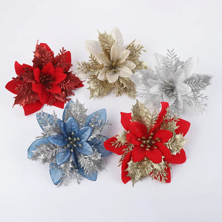 Factory Bulk Sale 15cm Artificial Glitter Poinsettia Flowers for Christmas Valentine's Day Easter Tree Decoration Wedding Party