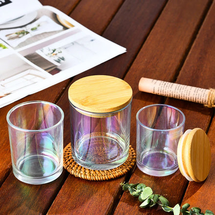 Wholesale 10oz Clear Glass Candle Vessel Unique Irisescent Rainbow Round Shaped Jar with Lid for Christmas Occasions