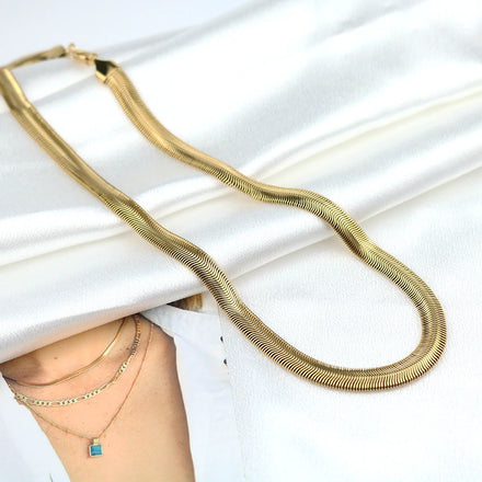 Fashion 8MM Herringbone Chain Tarnish Resistant Stainless Steel Necklace 18k Gold Plated Chunky Flat Snake Chain Necklace