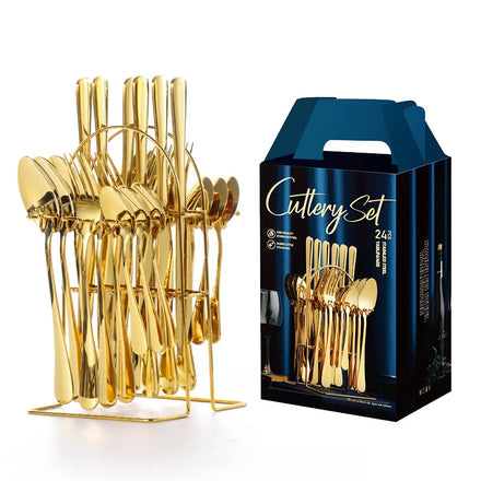 Luxury Restaurants Wedding 24 Pcs Stainless Steel Flatware Gold Salad Steak Knives and Forks Hanging Cutlery Set With Stand