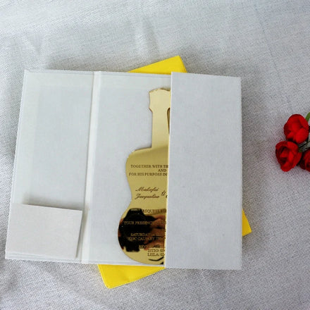 Unique Guitar Shape Gold Mirror Acrylic Wedding Cards Velvet Hardboard Invites with Custom Engraving Text