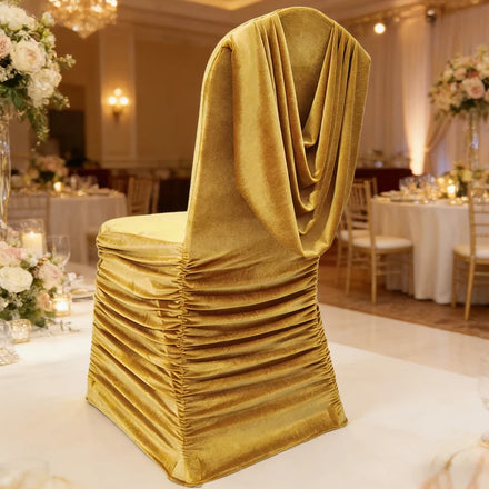 Superior Quality Weddings Gold Velvet Ruffled Drape Chair Cover