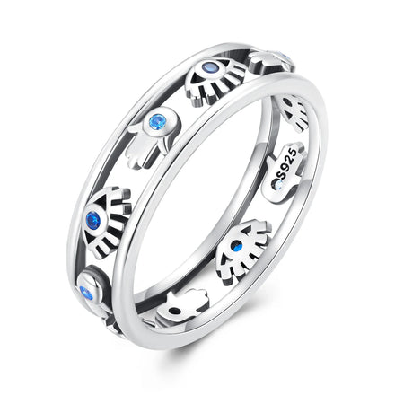 Wholesale 925 Sterling Silver Hollow-out Symbol Guardian Ring Fatima's Hand Devil Eye Finger Ring for Women Lucky Jewelry SCR900
