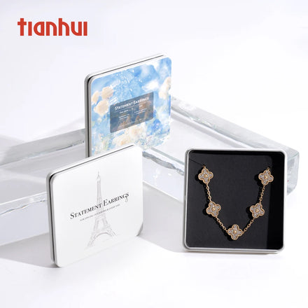 Tianhui Packaging Ivory White Square Thin Tin Boxes Small Metal Case for Jewelry Packaging Necklaces Box