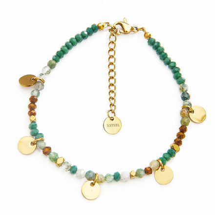 Colorful Natural Stone Bead Bracelet Men Women Vintage No Fade 14K Gold Tassel Stainless Steel Bracelet Disc Charm Bracelets