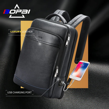 Bopai Custom logo Premium Work BSCI Usb Charging Port Anti Theft Business Laptop 15.6 Inch Cowhide Leather Backpacks Men Genuine
