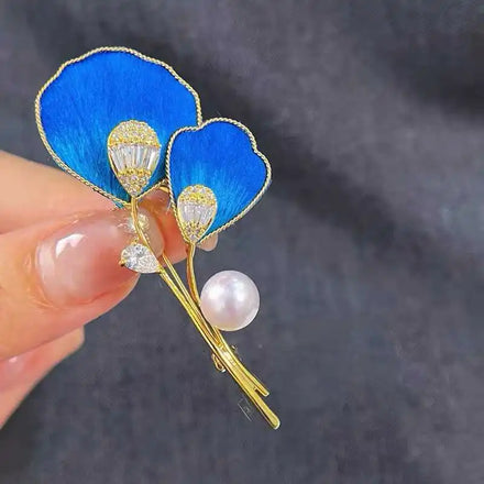 Light Luxury High-End Velvet Flower Brooch with 7-8mm Natural Freshwater Pearl Ginkgo Leaf Paired Chest Flower Jewelry