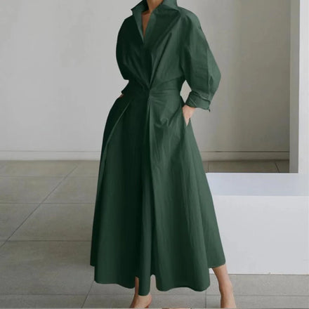 S-5XL Temperament Commuting Cotton Linen Clean Color Lapel/POLO Collar Shirt Sleeve Elastic Waist Swing Dress With Pocket Dress