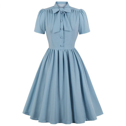 Bow Tie Neck Office Party Dress Retro Solid Blue Hepburn Vintage 50s 60s Pin up Rockabilly Robe Femme 70s Tunic Midi Sundress