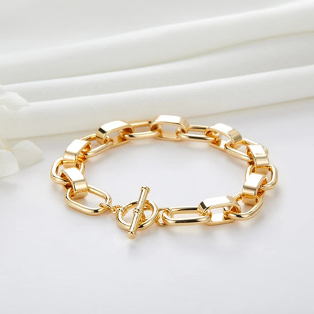 Hot Selling 14K Gold Plated Brass Fashion Chain Bracelet Geometric Design with Versatile Toggle Clasp Suitable for Men and Women