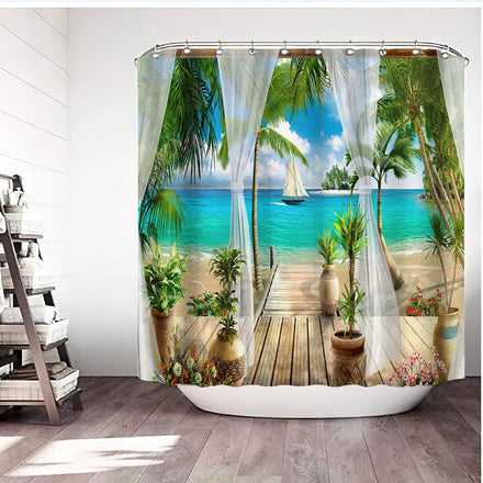 3D Printed Bath Curtain Forest Window Scenery Sea Ocean Theme Waterproof Polyester Bathroom Window Shower Curtains Fabric Hooks