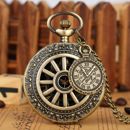 Bronze Carriage Wheel Design Hollow Steampunk Pocket Watch Vintage With Roman Numerals Quartz Locket Watch Necklace Pendant