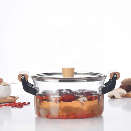 Custom 1500ml Glass Pot with Wooden Handle Double-ear Soup Pot Kitchen Household Cooking Pot Utensils