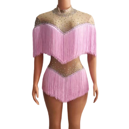 Monos Rhinestone Tassel Dance Leotard Stripper Outfits Exotic Dancewear Women Bodycon Bodysuits Stage Performance Jumpsuit
