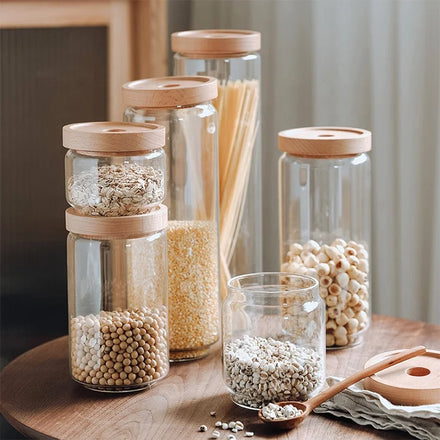Elegant Food Safe Kitchen Glass Pasta Cookies Spice Storage Jar Container Set With Stackable Beech Wooden Airtight Lid