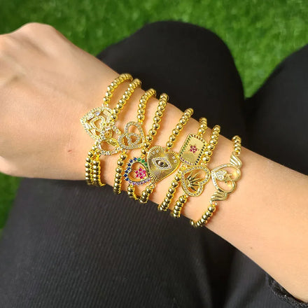 BC1466 Tiny 4mm 18k Gold Plated Ball CZ Diamond Baguette Micro Pave Open Heart Charm Stacking Elastic Bracelet